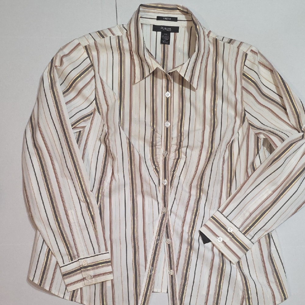 Womens Style&Co 18W Cream Button Front Long Sleeve Shirt With Gold Brown Stripes